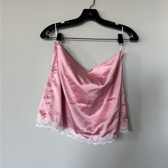 More To Come Dresses & Skirts - Pink Satin Mini Skirt with White Lace Trim
